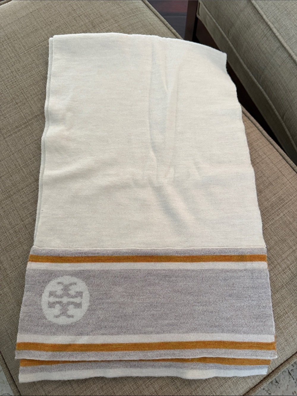 Tory Burch Cream Wrap/Scarf with Gray and Mustard Stripes